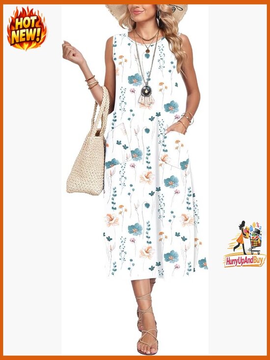 Dresses & Skirts - Sleeveless Crewneck Midi Sundress with Pockets Casual Summer Chic